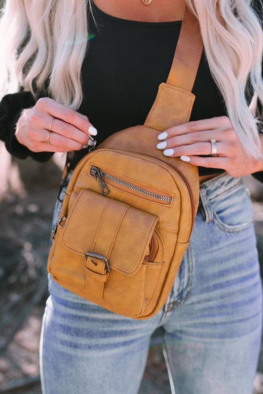 Khaki Vintage Multi Pockets Sling Bag: Khaki / 100%Pu / One Size