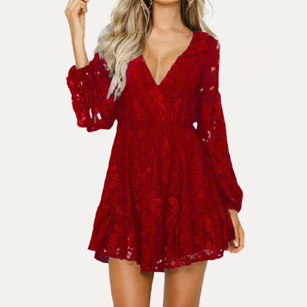 Lady Grace Lace Solid V Neck Long Sleeve Mini Dress: Dark Green / M