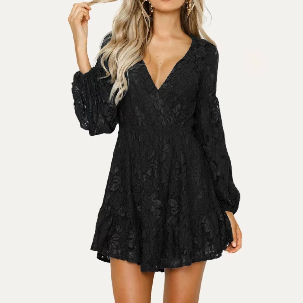 Lady Grace Lace Solid V Neck Long Sleeve Mini Dress: Dark Green / M