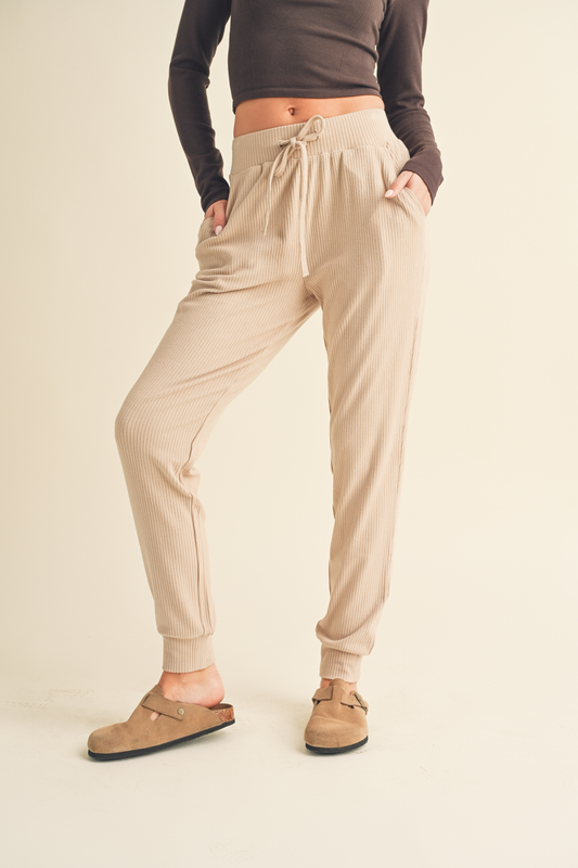 Taupe Soft Brushed Rib Sweatpants: S / Taupe