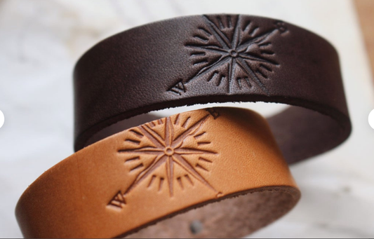 Compass Leather Cuff Bracelet: Camel Brown